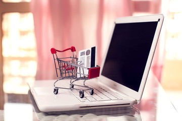 Shopping trolley stays on the laptop. Online shopping concept