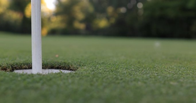Golfer taps in his golf ball on the putting green with his foot.