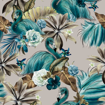 Seamless floral pattern with tropical flowers and flamingo, watercolor.