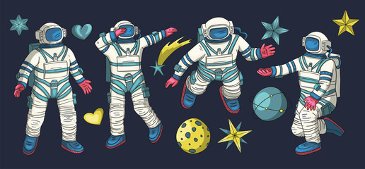 Huge vector clip art hand drawn astronaut collection. Spaceman cosmonaut science icon space set. People wearing spacesuits in different poses. Astronomy cosmos design. © trihubova