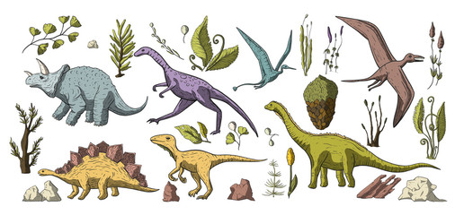 Huge vector clip art hand drawn dinosaur collection. Dino prehistoric stegosaurus, triceratops, brontosaurus and pterosaur cute cartoon doodle jurassic set with floral elements and stones. © trihubova