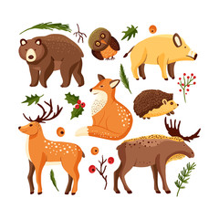 Hand drawn forest animal vector set in a flat style. Woodland cartoon sticker icon funny collection with owl, deer and moose, big brown bear, boar hog and a red, fox.