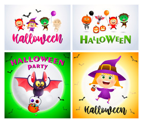 Halloween white, green, yellow banner set with bat, witch