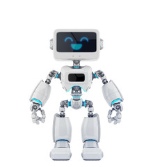 Silver retro robotic toy with digital screen, 3d rendering
