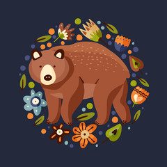 Woodland vector round card with cute forest animal in a flat style. Big grizzly brown bear with botanical flora elements.