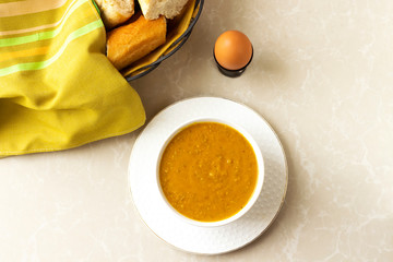 homemade arabic food lentil in bowl, bread and egg