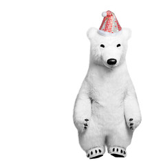 Toy polar bear doll in a red cap on an isolated white background