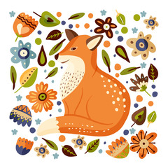 Cartoon fox cute vector illustration. forest clever funny animal square card with ornate botanical foliage elements.