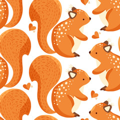 Squirrel cute forest seamless pattern in a flat style. Funny woodland animal art. Ornate vector illustration.
