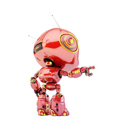 Cute smiling robot toy gesturing and showing something, 3d rendering