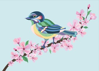 Colorful vector illustration of a bird on a sakura branch