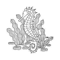 Seahorse under the sea water, saewares and stones. Hand drawn coloring page. Stock vector illustration.