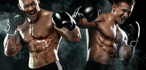 Two men boxers fighting in gloves on black background. Fitness and boxing concept. Individual...