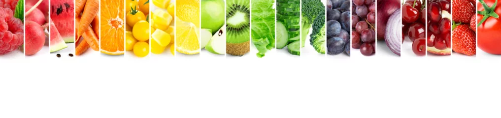 Crédence de cuisine en verre imprimé Légumes frais Collage de fruits, légumes et baies. Nourriture mélangée fraîche
