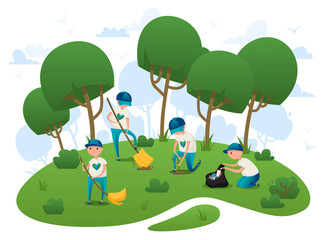 Volunteers clean up trash and plant trees in the park
