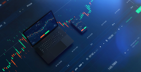 Futuristic stock exchange scene with laptop, mobile phone, chart, numbers and SELL and BUY options (3D illustration) - obrazy, fototapety, plakaty
