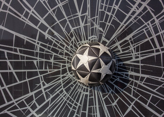 black and white soccer ball in broken glass