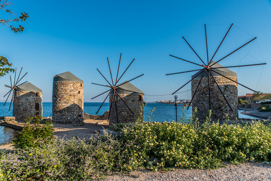 Famous windmills of Chios island a little before the sunset, Greece