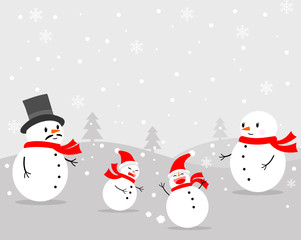 Vector of Snowman's family playing in the snow.On a gray background