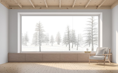 Empty room with snow scene background 3d render,There are white wall,wooden floor and ceiling,wood seat,decorate with fabric chair.There are big  windows look out to see nature view.