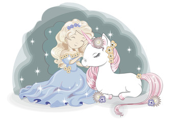 princess and white unicorn in flower
