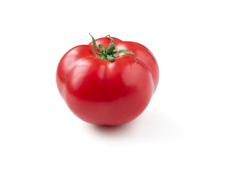 Red, ripe tomato with green stalk on white background