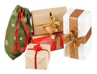 Four boxes and a bag. Christmas wrapping. Isolated picture.