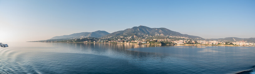 Fototapeta premium Mytilene port early in the morning as seen from the boat, in the island of Lesvos, Greece