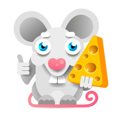 Funny And Cute Mouse Standing And Holding Cheese-vector. White Mouse.