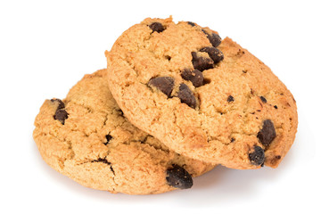 Homemade cookies. Two sweet cookies with chocolate chips. Tasty biscuit in high resolution close-up, isolated on white background with small shadows. Homemade bakery.