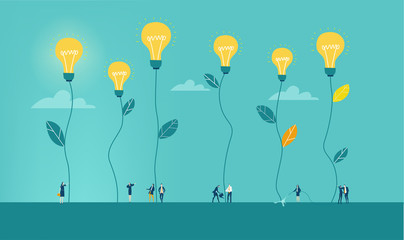 Business people walking between light bulbs plants. Generating ideas, best advisory. Concept illustration