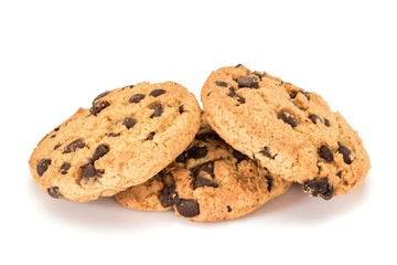 Homemade cookies. Three sweet cookies with chocolate chips. Tasty biscuit in high resolution close-up, isolated on white background with small shadows. Homemade bakery.
