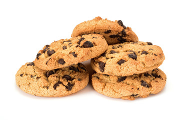 Homemade cookies. Five sweet cookies with chocolate chips. Tasty biscuit in high resolution close-up, isolated on white background with small shadows. Homemade bakery.