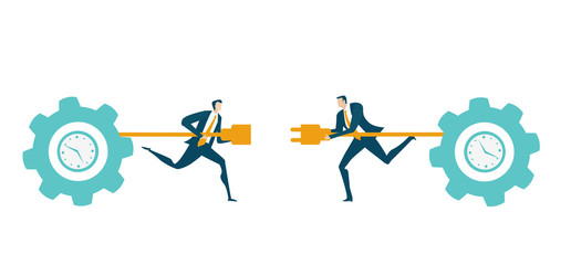 Two businessman running towards each other with electricity plug and socket to create more energy and profitability. Business concept illustration