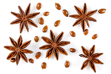 Anise star. Five star anise fruits with seeds. Close up Isolated on white background, flat lay view of chinese badiane spice or Illicium verum.