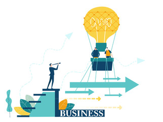 Air Balloon Light bulb with two business people in basket flying in pointing direction. Business concept illustration, advisory, finding new opportunity, progress, success and support ideas.