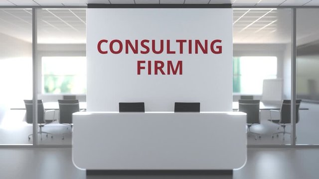 Modern office and reception desk af a consulting firm, conceptual 3D animation