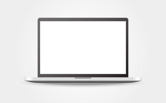 Realistic laptop on light background. Clean design with blank screen. White notebook mockup isolated. Computer with empty screen. Silver device with shadow. Vector illustration