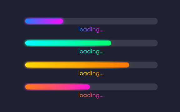 Loading bar set. Color gradient lines on dark backdrop. Progress visualization. Color web design elements. Loading status collection. Vector illustration