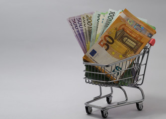 cart with euro banknotes of various denominations