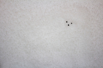 surface made of white plastic granules with three black granules.