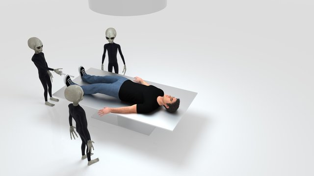 Alien Abduction with three grey Aliens and Human on Surgery Table extremely detailed and realistic high resolution 3d illustration