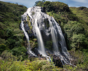 Long exposure of a waterfall called El manto de la Virgen in Santander, Colombia.