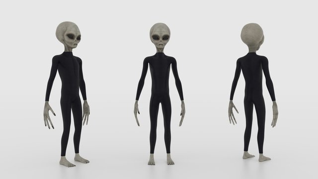 Alien Grey Front Side and Back perspective extremely detailed and realistic 3d illustration