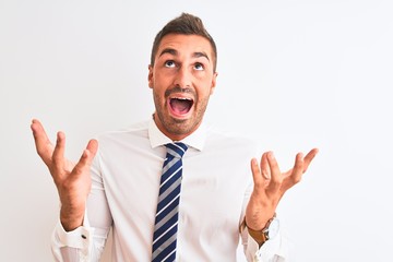Young handsome elegant business man over isolated background crazy and mad shouting and yelling with aggressive expression and arms raised. Frustration concept.
