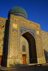 Intricate designs on the exterior of the Mausoleum of Khoja Ahmed Yasawi in Turkestan, Southern Kazakhstan