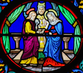 Fototapeta na wymiar Stained Glass in Notre-Dame-des-flots, Le Havre - Marriage of Joseph and Mary