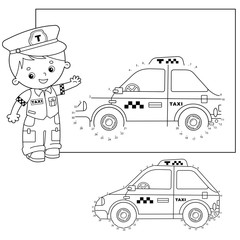Educational Puzzle Game for kids: numbers game.Taxi car. Images transport or vehicle for children. Coloring book