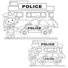 Educational Puzzle Game for kids: numbers game.Police car. Coloring Page Outline Of cartoon policeman with car. Coloring book for children.