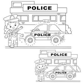 Educational Puzzle Game for kids: numbers game.Police car. Coloring Page Outline Of cartoon policeman with car. Coloring book for children.